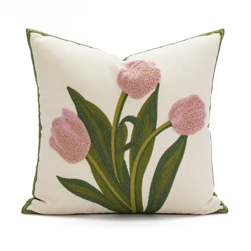 Cream-colored embroidered flower pillowcase cover with pink tulips and olive-green border for living room decor