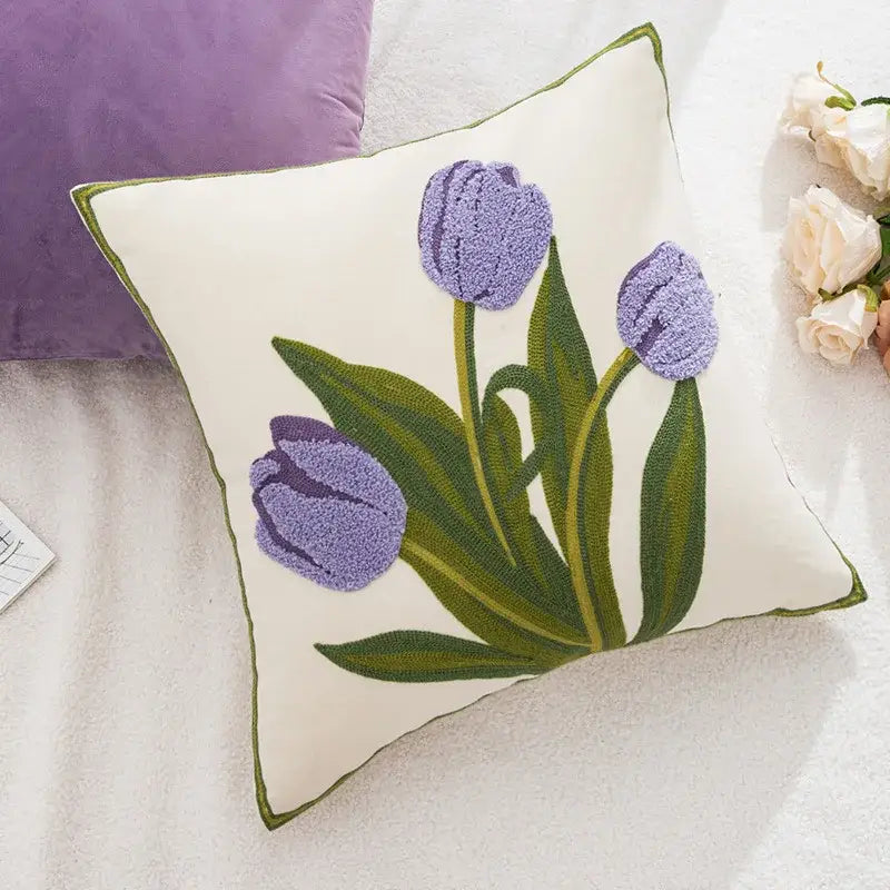 Cream-colored embroidered flower pillowcase cover with purple tulips and olive-green border for living room decor