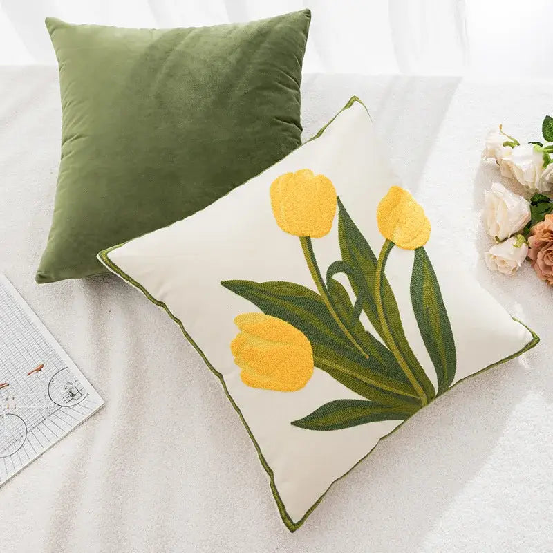 Cream embroidered flower pillowcase cover with yellow tulips green leaves and olive-green border for living room decor