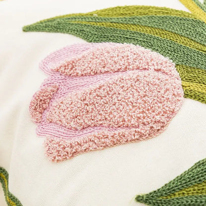 Embroidered flower pillowcase cover featuring a soft pink knitted tulip on cream fabric with green leaf accents for living room decor