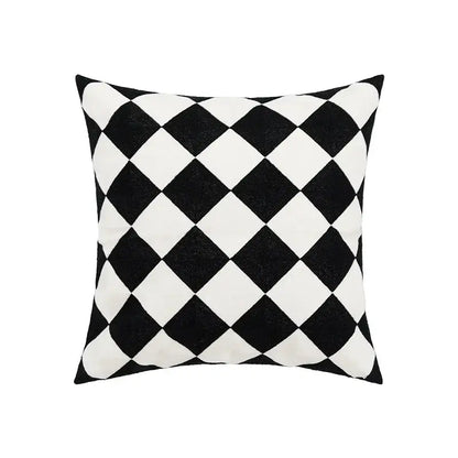 Embroidered green and gold fish pillow cover with black and white diamond pattern textured fabric for living room