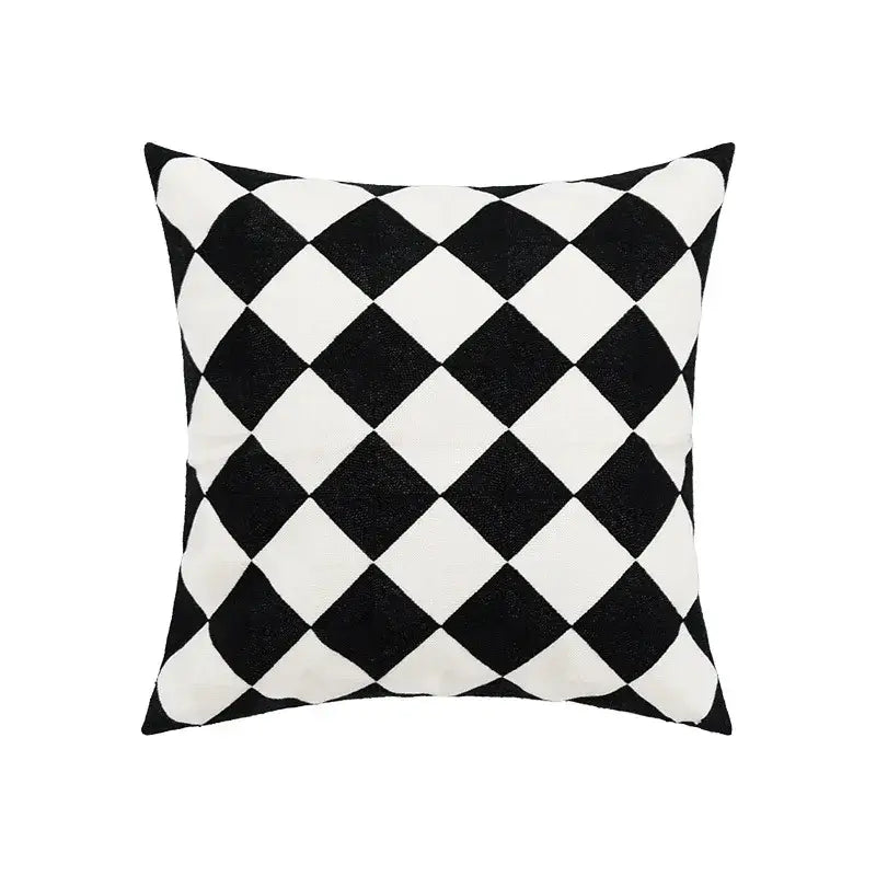 Embroidered green and gold fish pillow cover with black and white diamond pattern textured fabric for living room