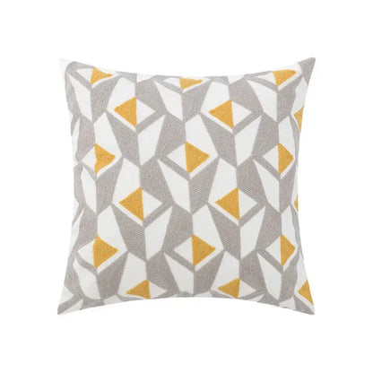 Square throw pillow cover with embroidered gray and mustard-yellow triangles on white background for living room decor