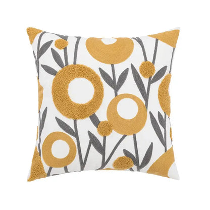 Embroidered pillow cover with daisy yellow floral circular patterns on white base for living room decor