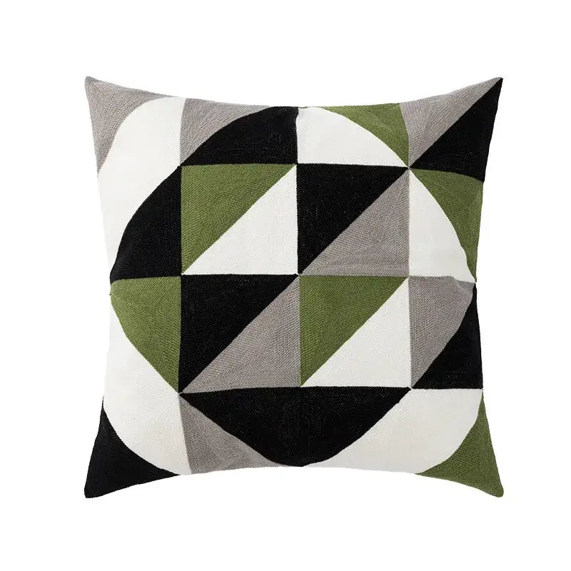 Square throw pillow cover with bold black olive green white and gray geometric pattern for living room decor