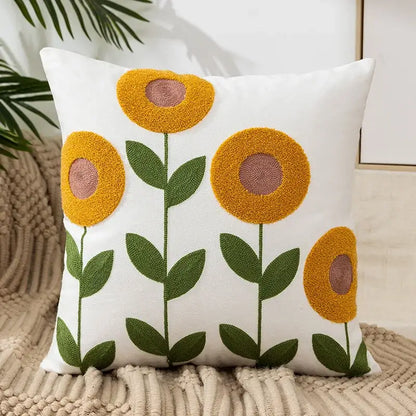 White cushion pillow cover with embroidered daisy yellow floral sunflowers on soft fabric for stylish living room decor