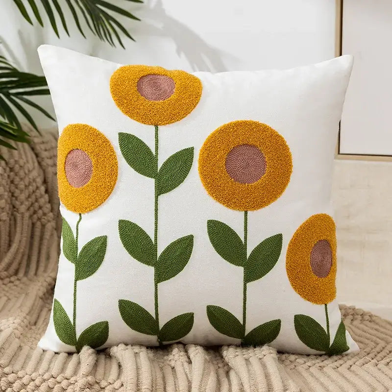 White cushion pillow cover with embroidered daisy yellow floral sunflowers on soft fabric for stylish living room decor