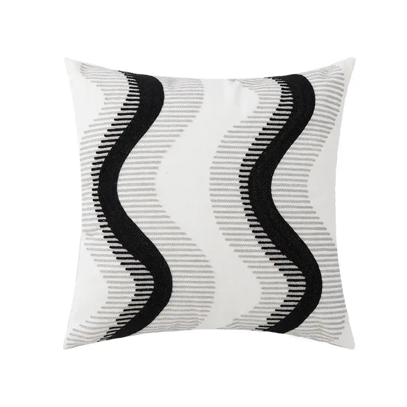 White square pillow cover with bold black wavy embroidered stripes and subtle gray textured lines for living room decor