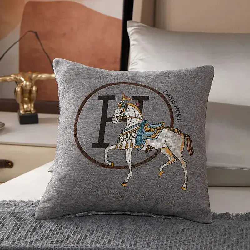 Gray cotton throw pillow cover featuring an embroidered white horse with blue and gold tack for decorbites cotton home decor
