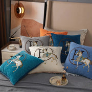 Set of embroidered horse cotton throw pillow covers in blue gray and beige tones for decorbites cotton home decor