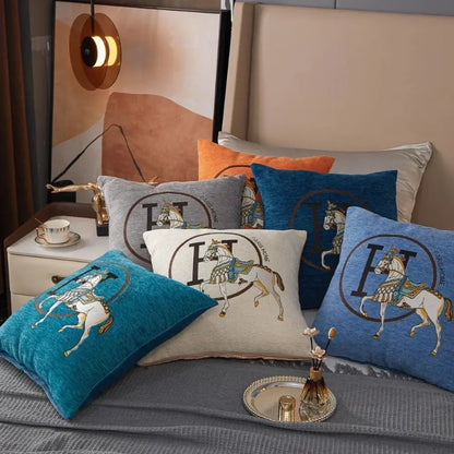 Set of embroidered horse cotton throw pillow covers in blue gray and beige tones for decorbites cotton home decor