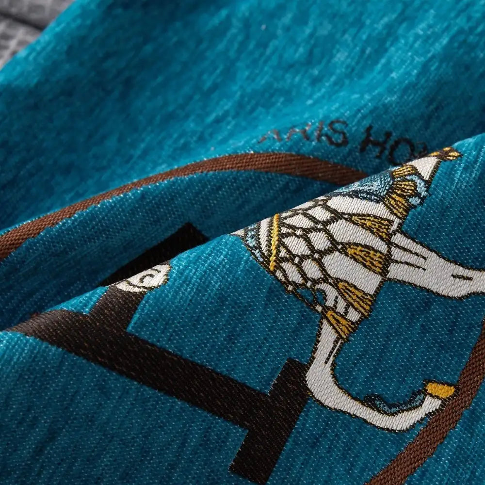 Teal cotton throw pillow cover with embroidered white and gold bird design and brown woven bands for decorbites cushion cover decor