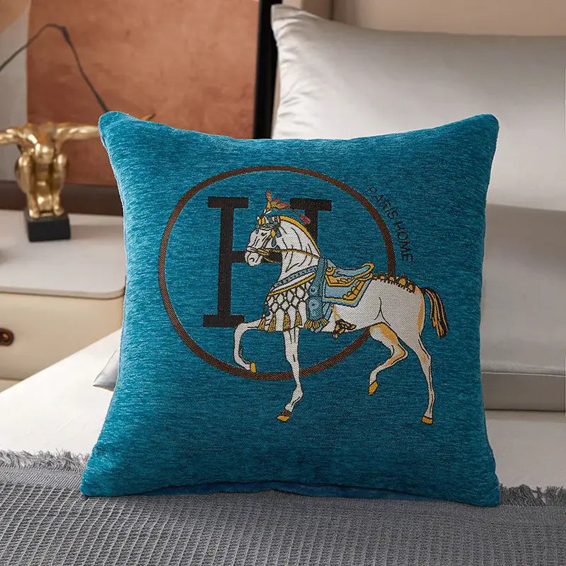 Teal embroidered horse cotton throw pillow cover with ornate tack and hermes emblem for cushion cover decorbites cotton home