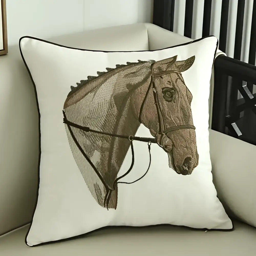 White embroidered horse pillowcase with intricate brown horse head embroidery for living room decor