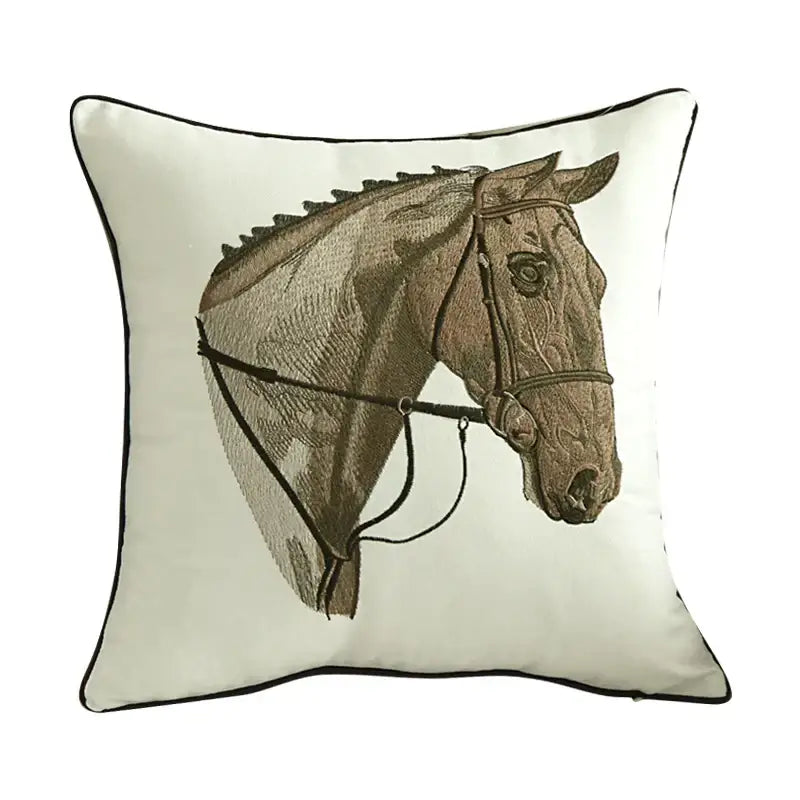 Cream-colored embroidered horse pillowcase featuring an intricately detailed horse head with bridle for living room decor