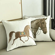 White throw pillows with embroidered horse pillowcase featuring brown teal and gold thread for living room decor