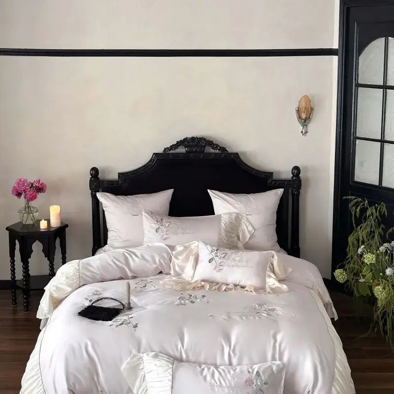 White satin embroidered lace princess bedding set with delicate floral embroidery and ruffled edges cream color