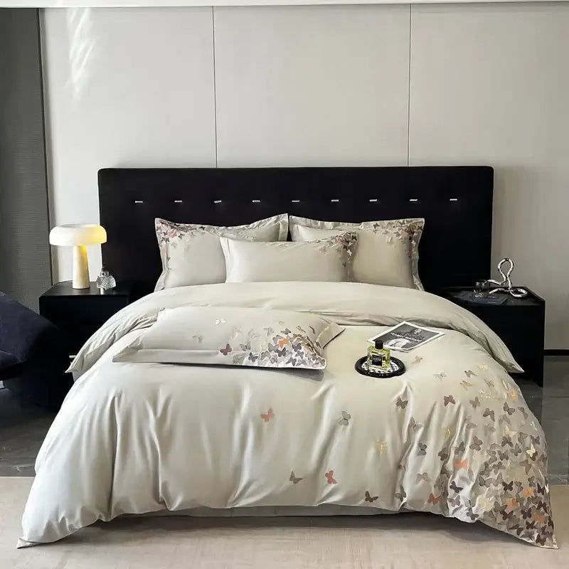 Beige silk-like bedding set with decorbites butterflies embroidery in muted gold gray and brown tones for bedroom decor