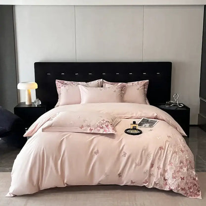 Pink satin bedding set with decorbites butterflies embroidery in pink and rose gold for elegant bedroom decor