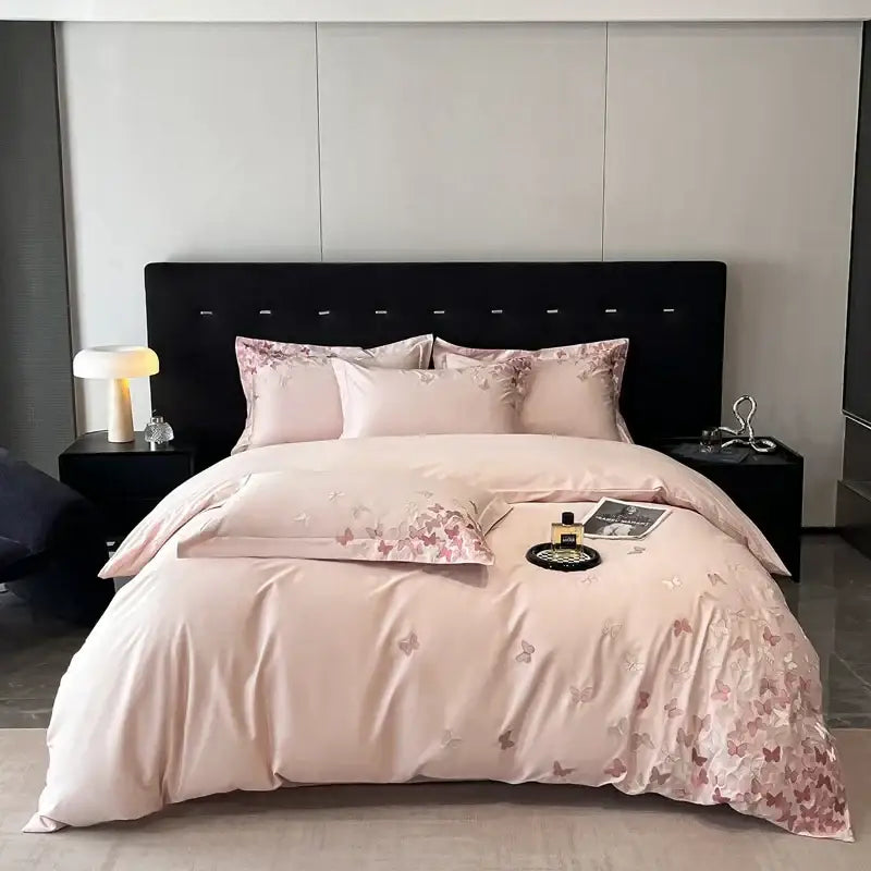Pink satin bedding set with decorbites butterflies embroidery in pink and rose gold for elegant bedroom decor
