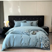 Embroidered light blue butterflies bedding set with satin sheen featuring delicate gray and white butterflies embroidery