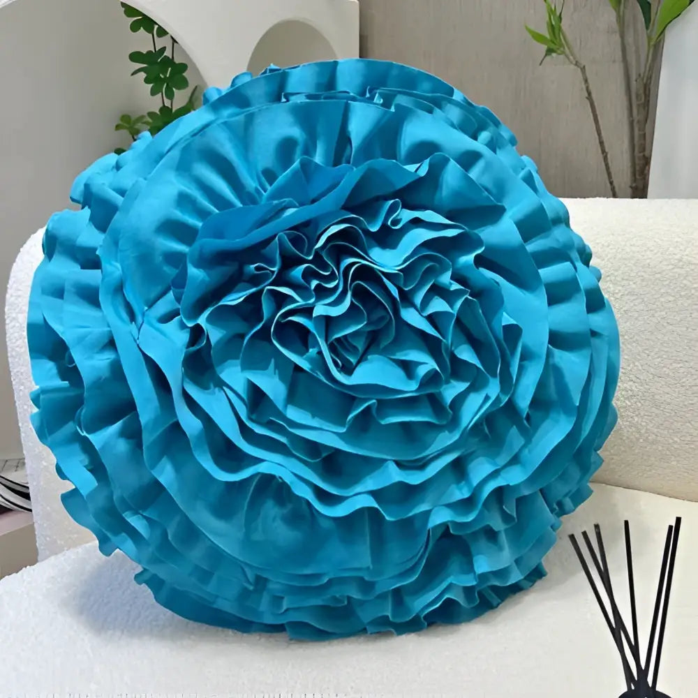 Vibrant turquoise satin square pillowcase shaped like a layered rose with ruffled petals for decorbites blue hyacinth blue hyacinth square