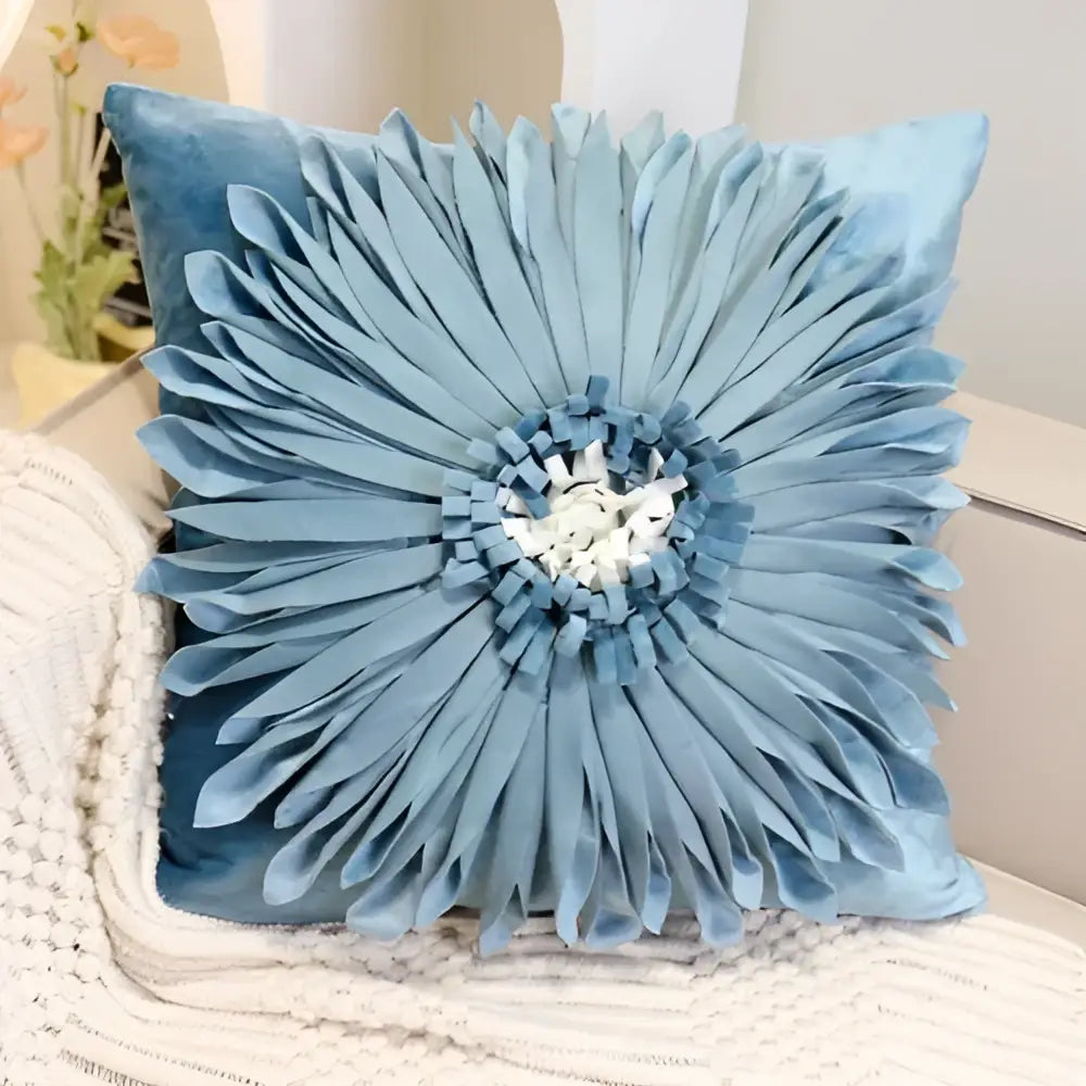 A plush light blue velvet blue hyacinth square pillowcase with a three-dimensional embroidered flower decorbites blue hyacinth