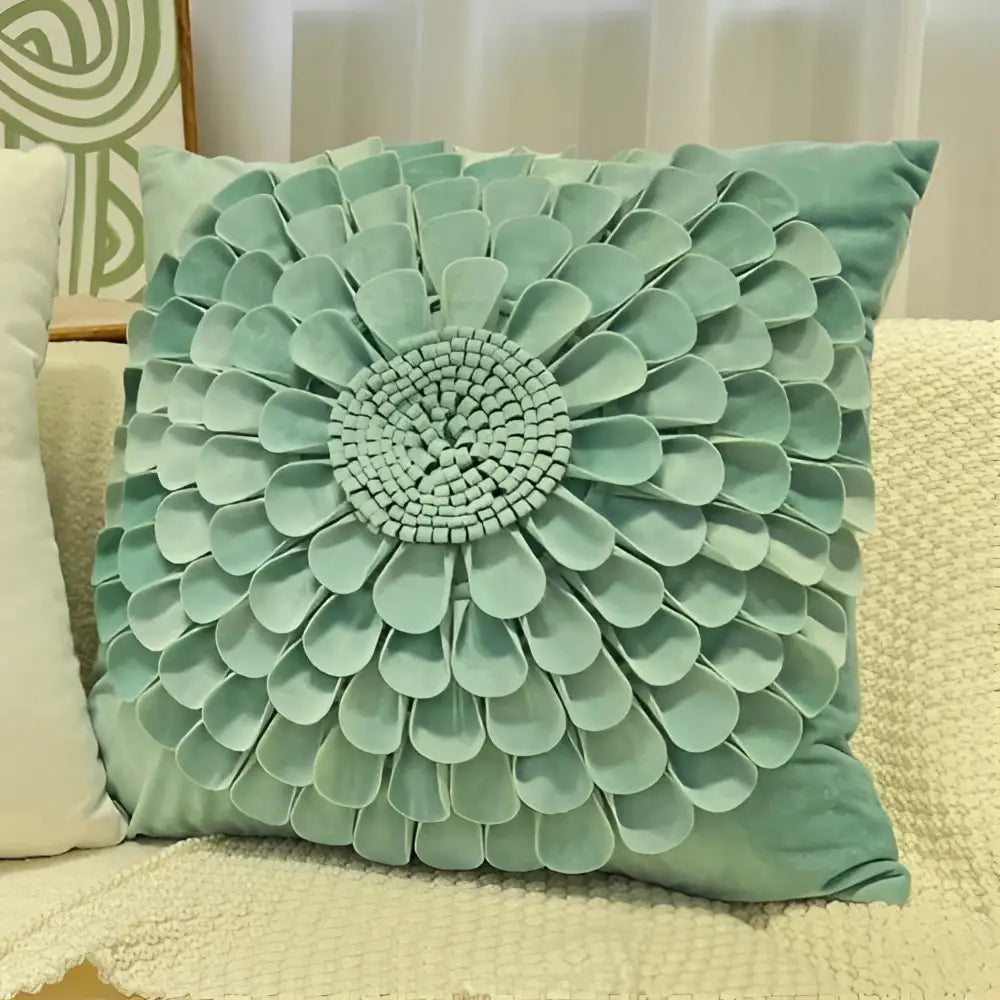 A mint green velvet blue hyacinth square pillowcase with a 3D floral design for bedroom decorbites decor