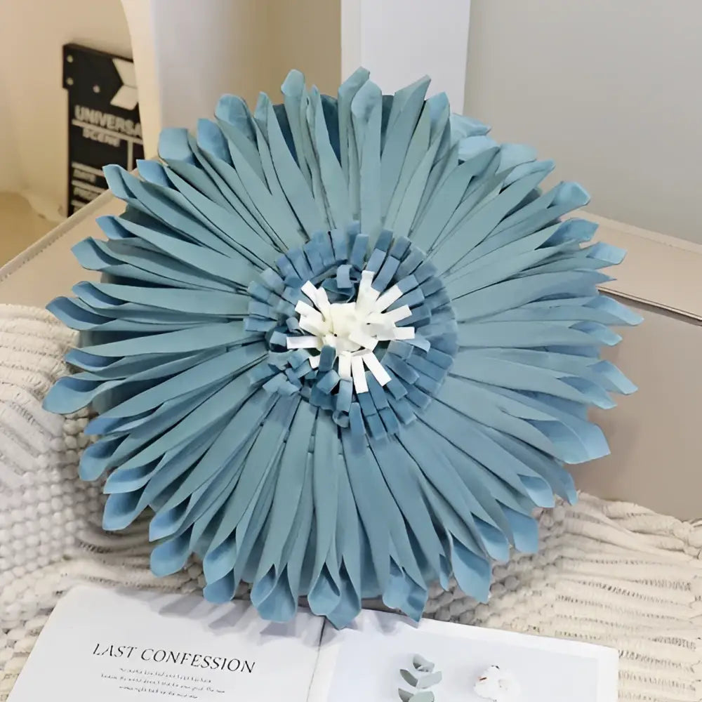 Light blue flower-shaped blue hyacinth square pillowcase with layered fabric petals and white center for bedroom decorbites blue hyacinth decor