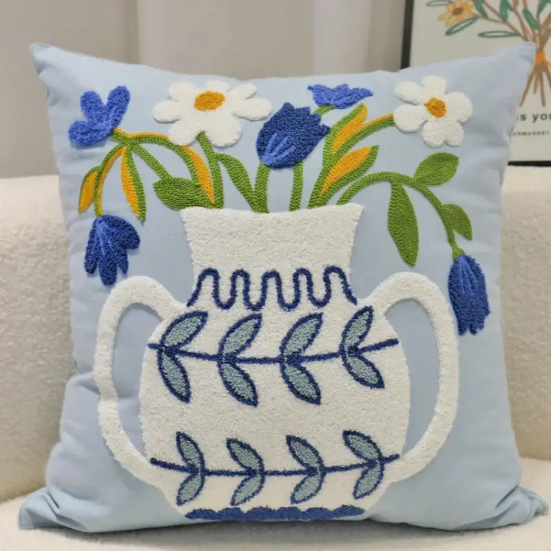 Light blue embroidered lily of the valley blue hyacinth square pillowcase with white vase decorbites blue hyacinth design
