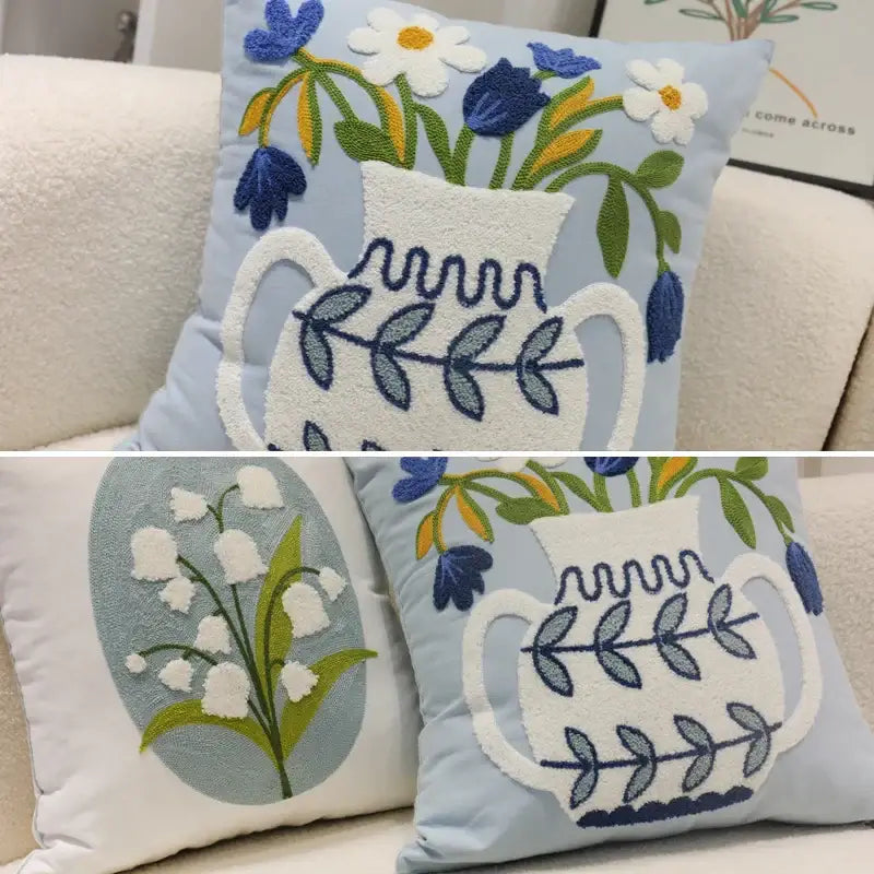 Light blue embroidered blue hyacinth square pillowcase with white vase and floral motifs for bedroom decorbites decor