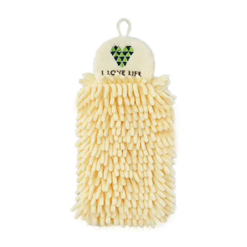 Cream-colored embroidered microfiber hand towel with green black heart and i love life text on top handle