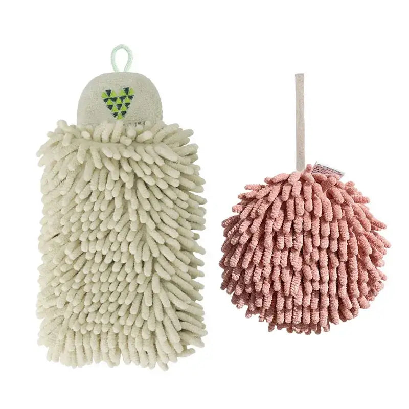 Cream-colored and pink microfiber scrubby sponges paired with an embroidered microfiber hand towel in pale green and cream