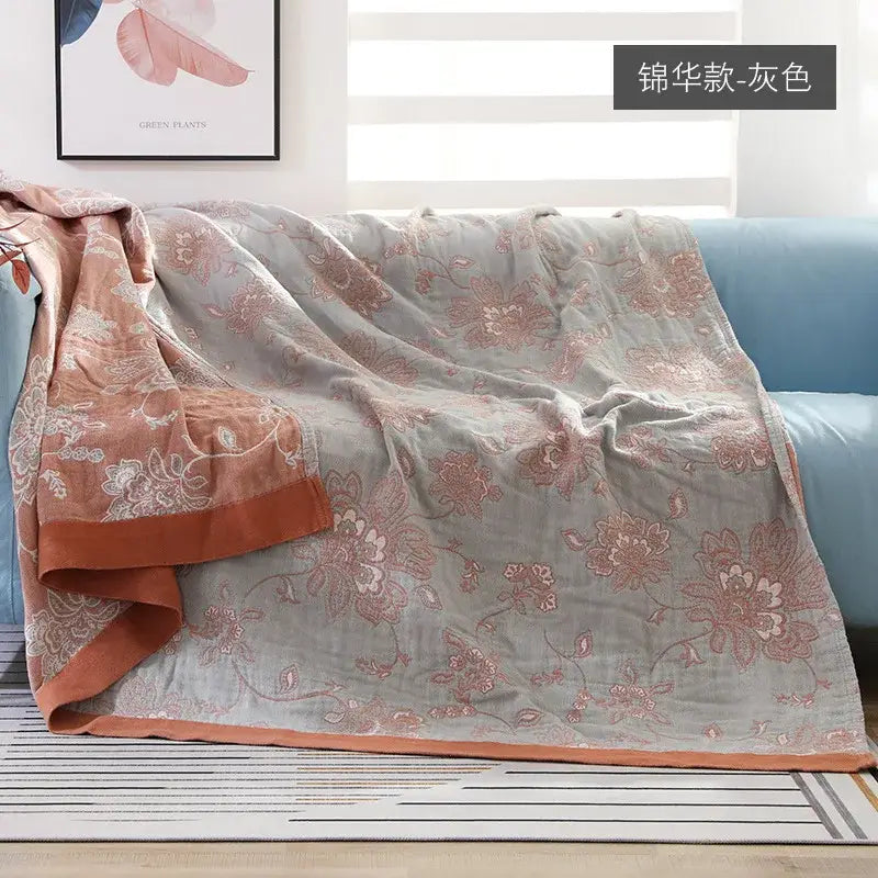 Gray floral-patterned quilt with rust border and embroidery in cotton gauze summer quilt for decorbites cotton gauze collection