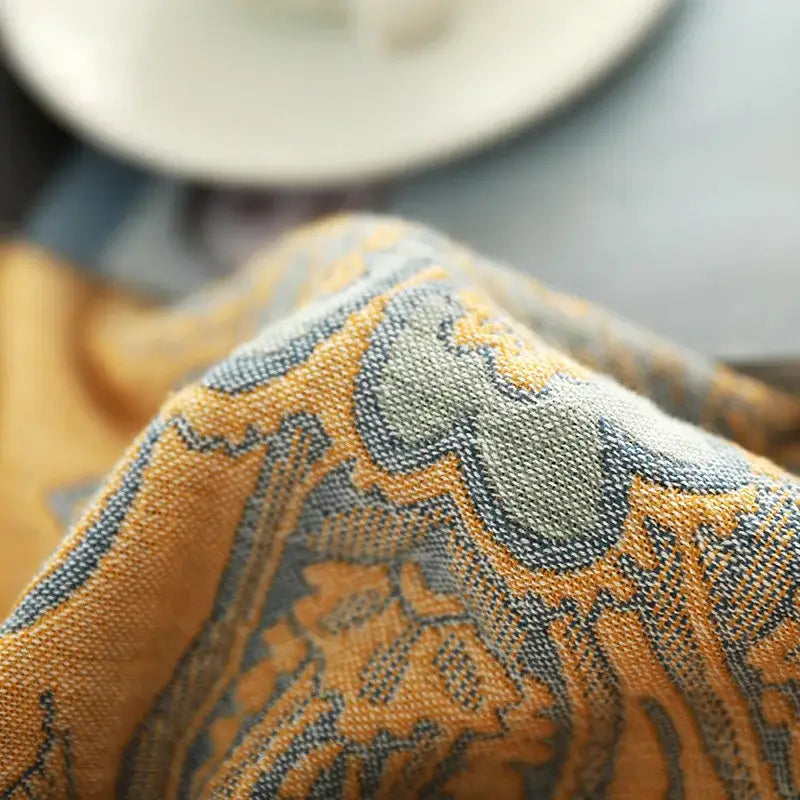 Embroidered mustard and navy cotton gauze summer quilt bedroom blanket with textured orange and gray woven decorbites cotton gauze design