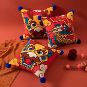 Embroidered red dragon year cushion cover with vibrant embroidery and blue pom-poms for living room decorbites dragon year