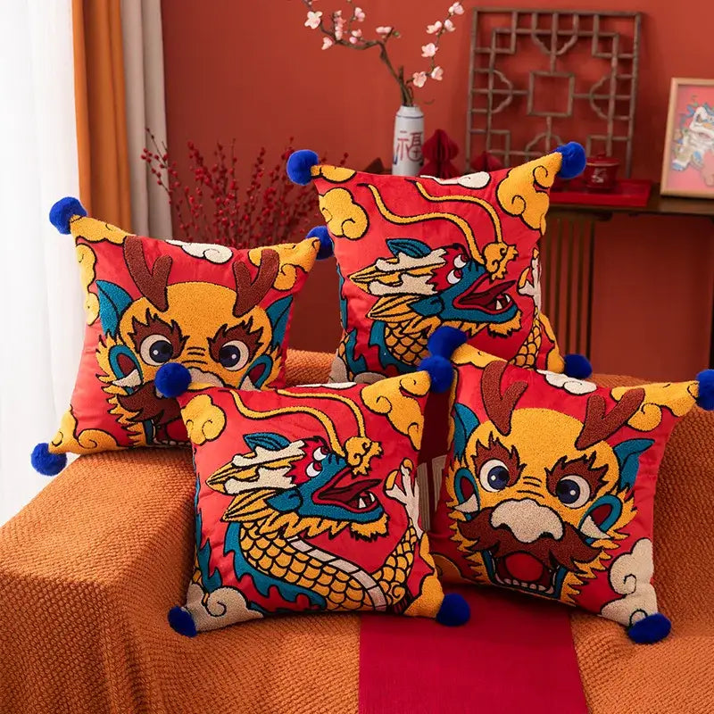 Embroidered red dragon year cushion cover with blue pom-poms for living room decorbites dragon year cushion decor