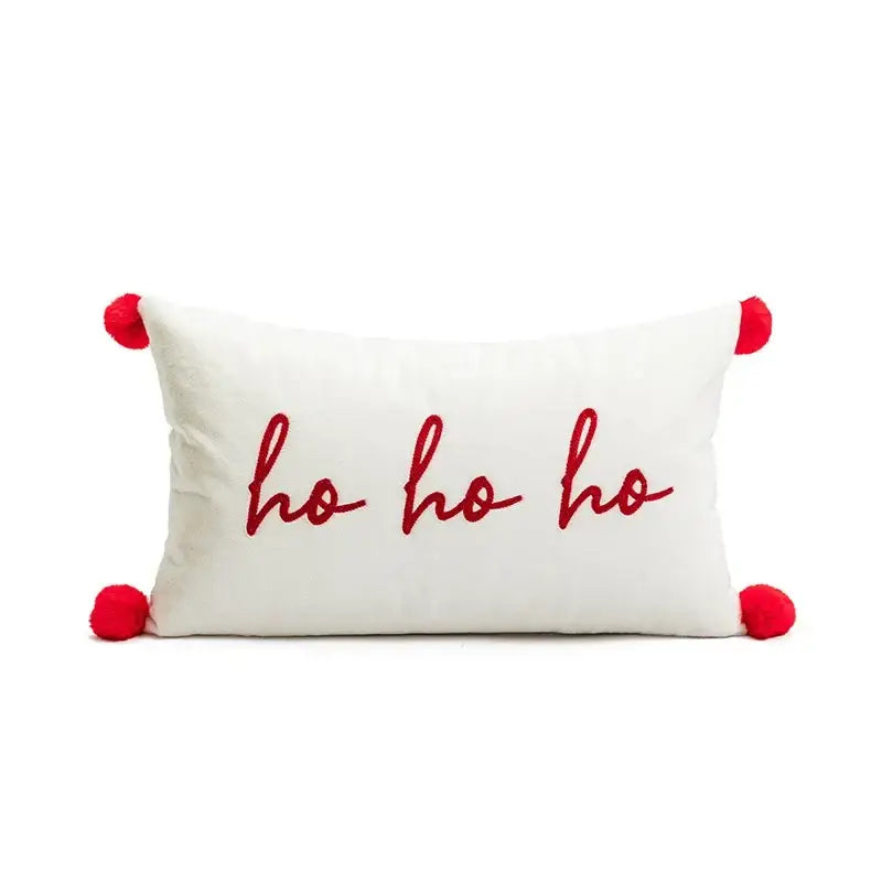 White rectangular pillow cover with red embroidered ho ho ho text and red pom-poms for decorbites cartoon christmas pillow decor
