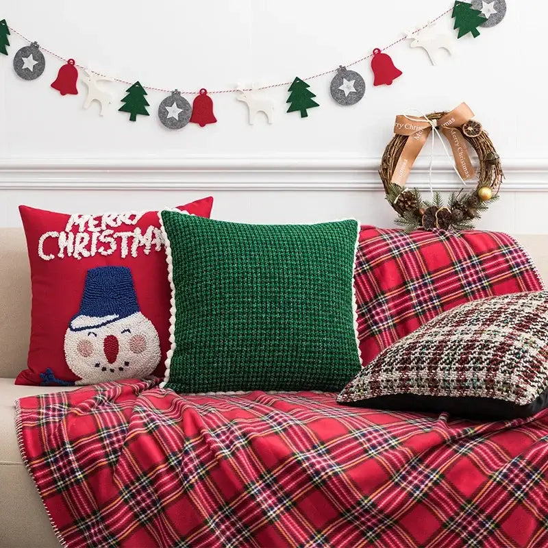 Red knitted snowman cartoon christmas pillow cover with white embroidered text for living room decorbites pillow covers