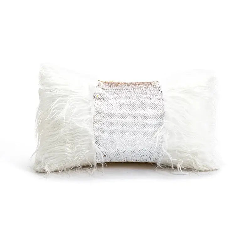 White rectangular pillow cover with fluffy faux fur and silver sequin panel for decorbites cartoon christmas pillow decor