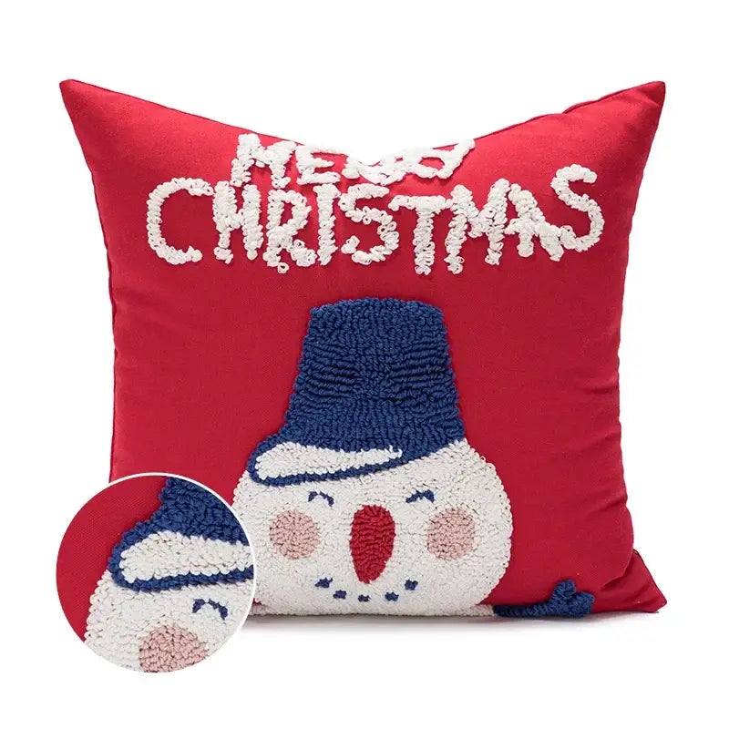 Red embroidered cotton pillow cover with blue and pink snowman design and merry Christmas text decorbites cartoon christmas pillow