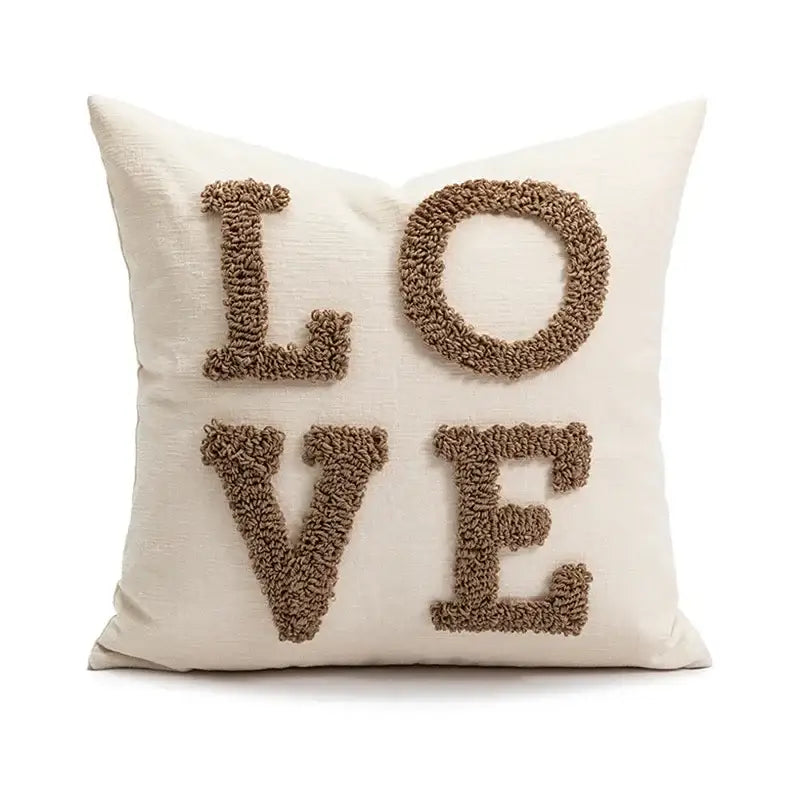 Cream-colored pillow cover with love embroidered in brown yarn for decorbites cartoon christmas pillow decor
