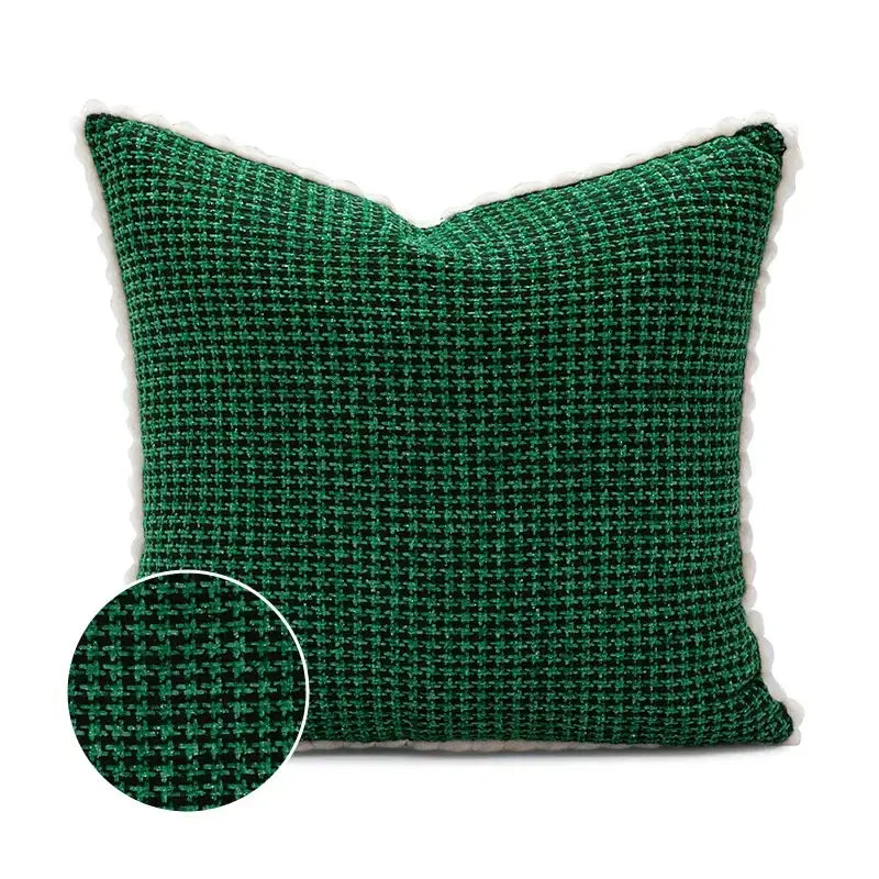 Deep green woven throw pillow with textured crosshatch pattern complementing decorbites cartoon christmas pillow covers