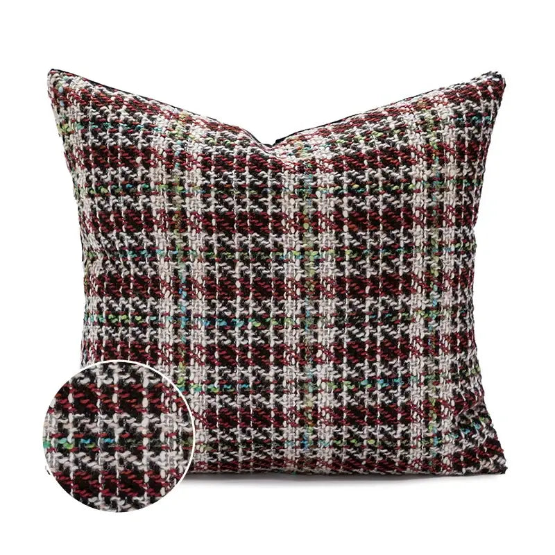 Embroidered red snowman cartoon christmas pillow cover with textured burgundy white and green tweed pattern decorbites cartoon christmas pillow