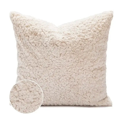 Cream-colored plush sheepskin pillow with soft texture featured in decorbites cartoon christmas pillow covers