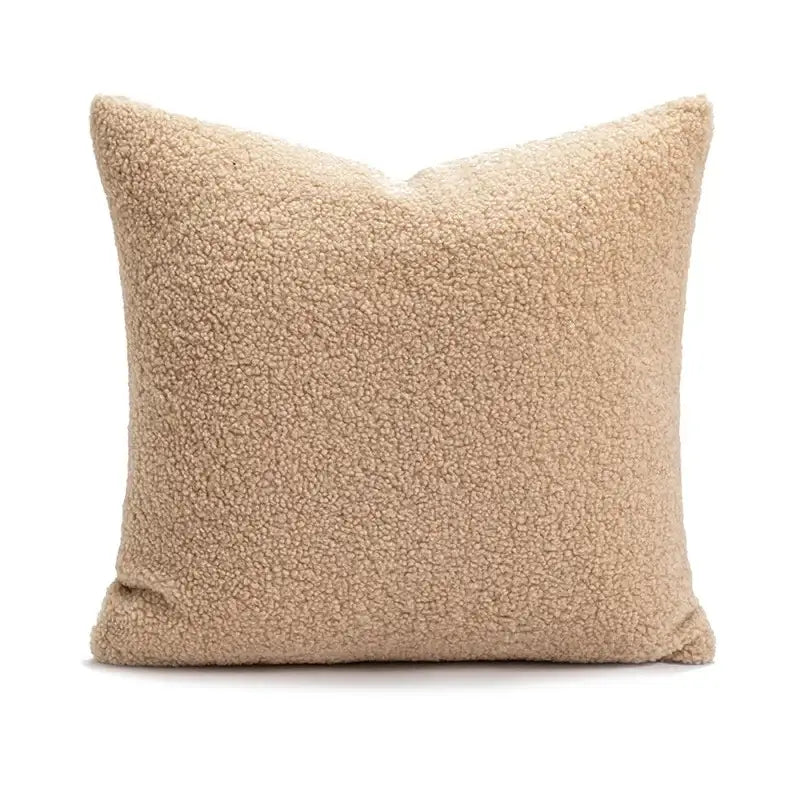 Beige faux shearling throw pillow with soft textured surface complementing decorbites cartoon christmas pillow covers