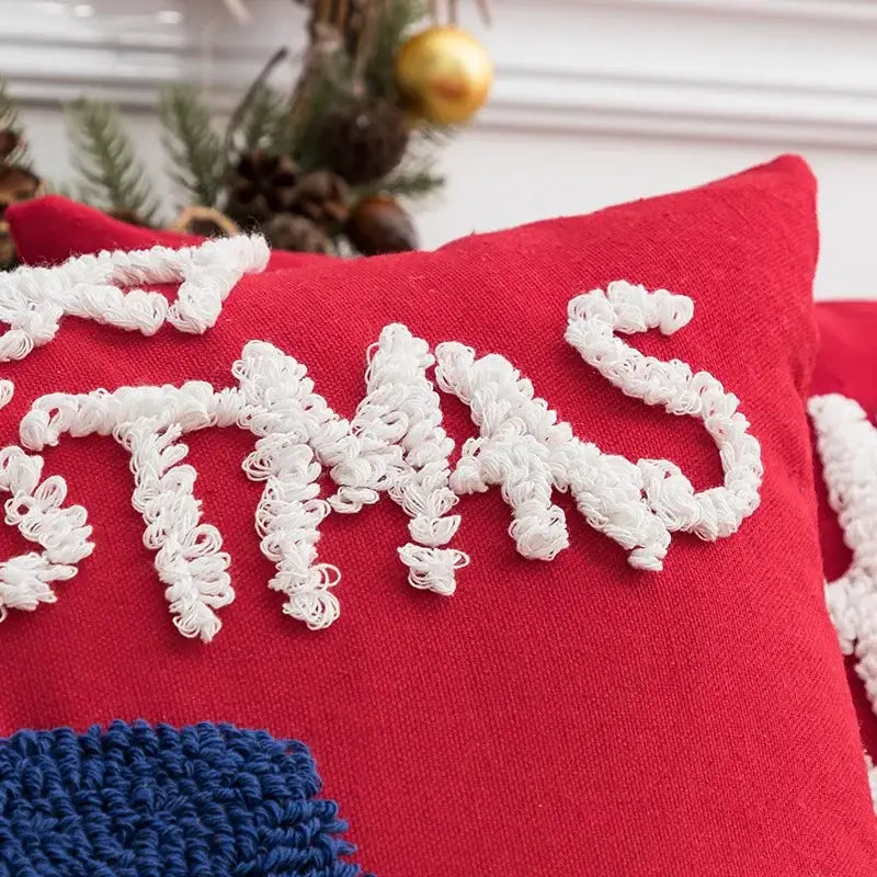Embroidered red snowman cartoon christmas pillow cover with white crocheted m and blue knitted section for decorbites decor