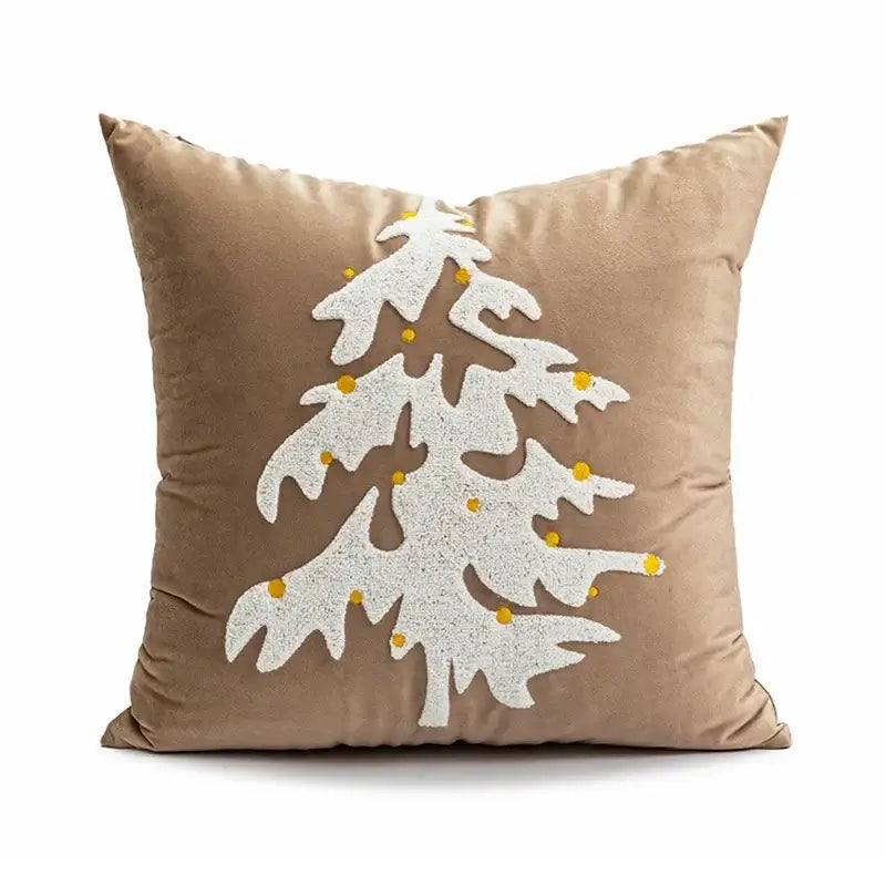 Beige velvet pillow cover with white glittery christmas tree and yellow dots for decorbites cartoon christmas decor