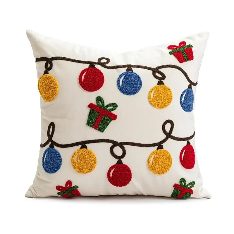 White pillow cover with embroidered colorful Christmas lights and gifts for decorbites cartoon Christmas pillow decor