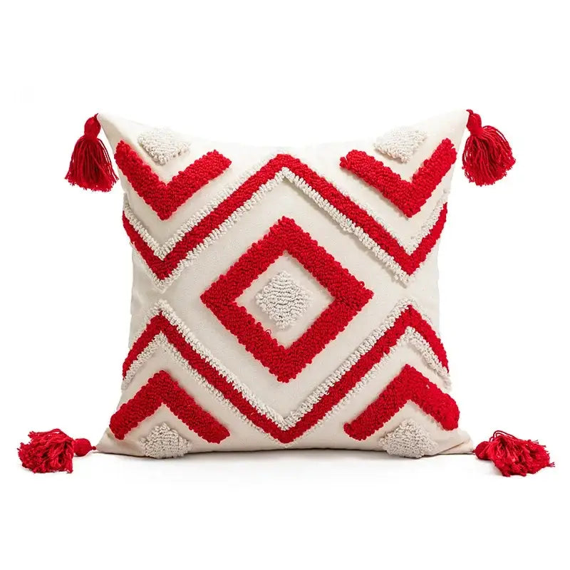 Cream-colored pillow cover with bold red geometric patterns and tassels for decorbites cartoon christmas pillow decor